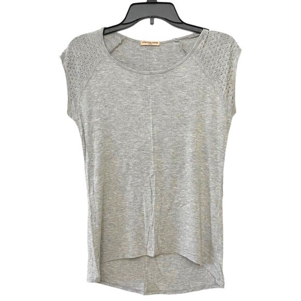 Cha Cha Vente Studded Raglan Cap Sleeve T-Shirt Jersey‎ Knit Hi Low Tee